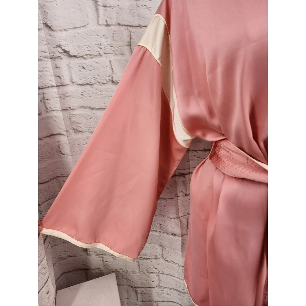 Vintage Saks Satin Robe Glam Boxing Short Belted Glam Lily Floral Made USA Pink